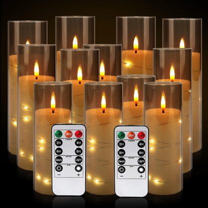24 Pcs LED Flameless Candles with Remote, 3D Flickering Flame & LED String Lights, Acrylic Clear Cylinder, Timer Function, Romantic Ambience for Home Decor, Party, Wedding (Ivory).