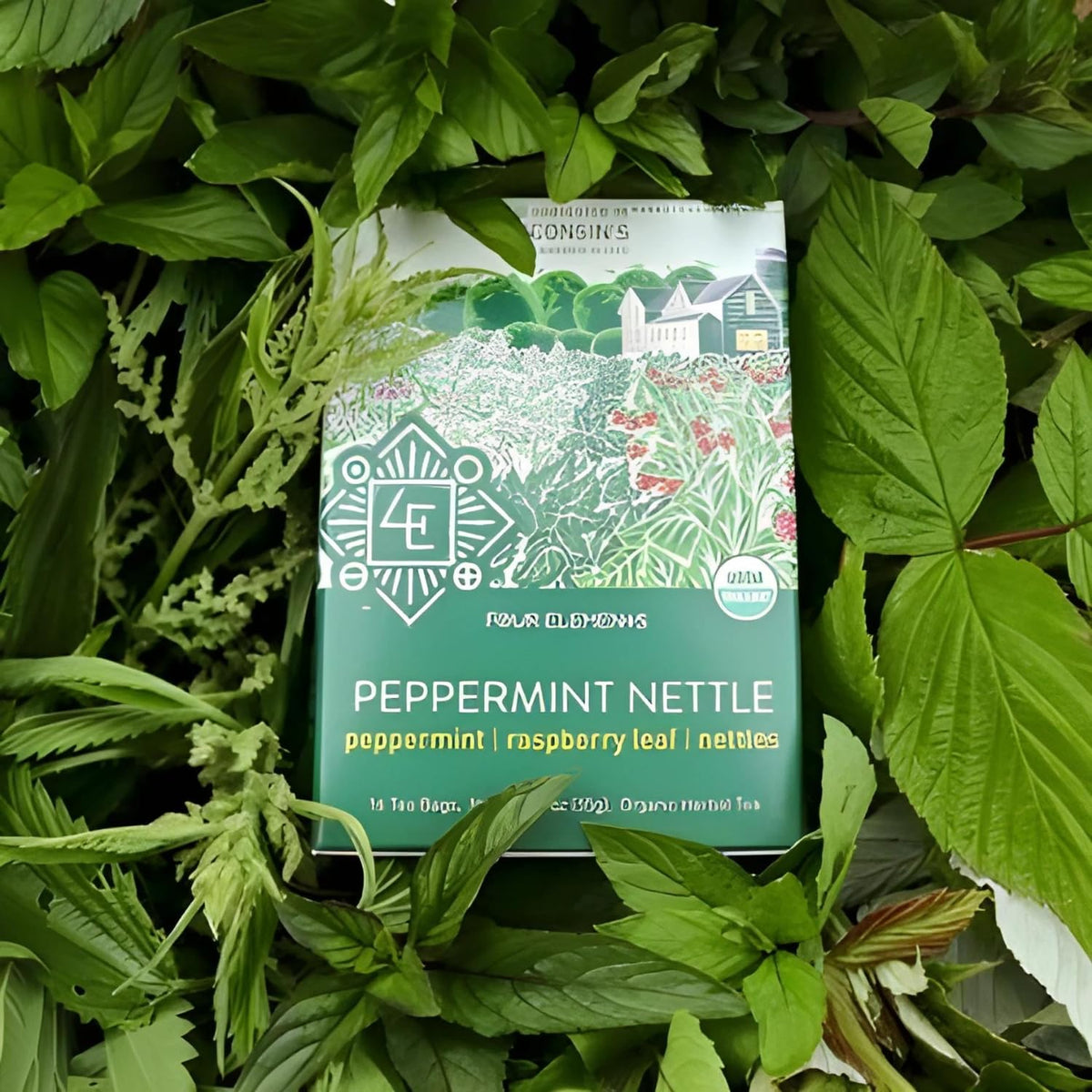 Four Elements 4E Peppermint Nettle Tea, Blended with Peppermint, Raspberry Leaf and Nettles, 100% Organic Herbal Tea, 16 Teabags, 1.2 OZ