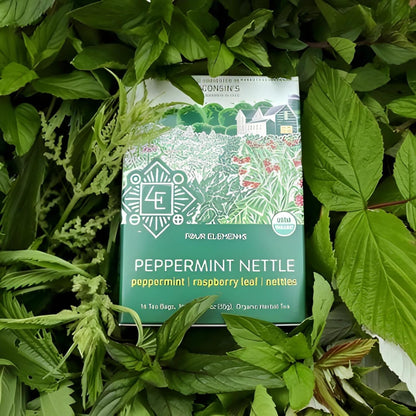 Four Elements 4E Peppermint Nettle Tea, Blended with Peppermint, Raspberry Leaf and Nettles, 100% Organic Herbal Tea, 16 Teabags, 1.2 OZ