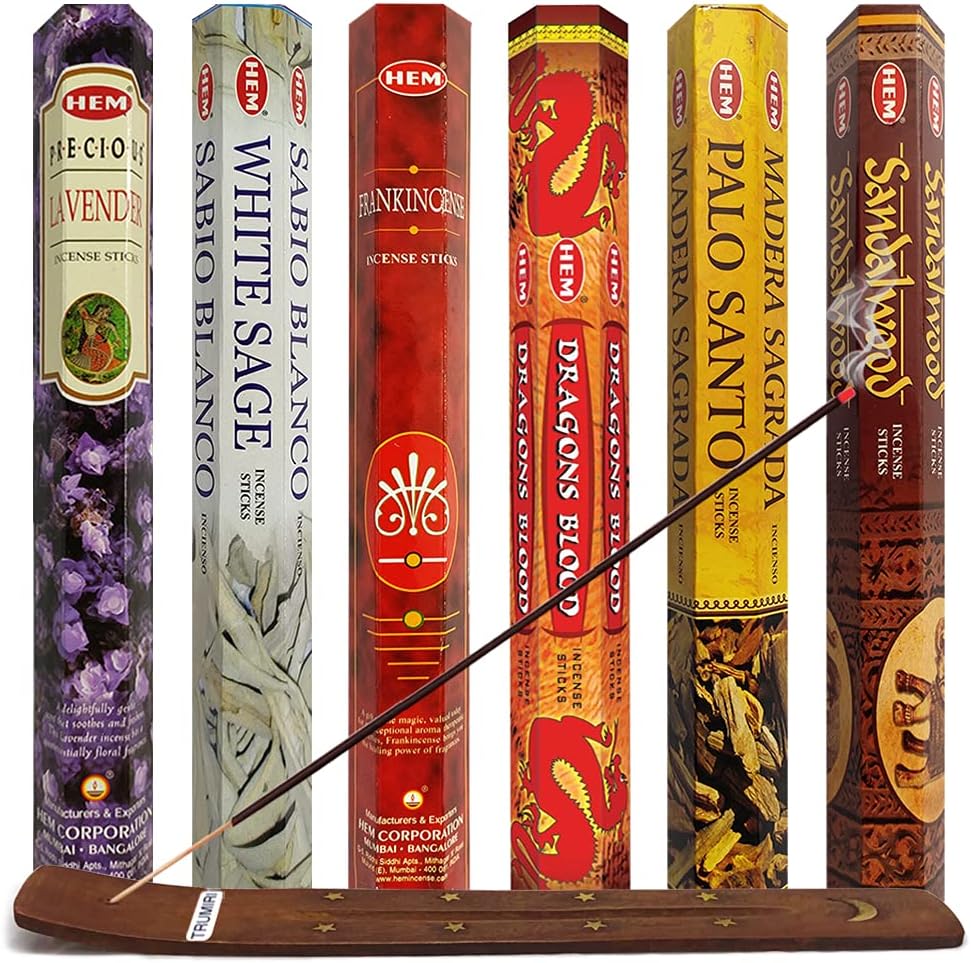 Hem Incense Sticks Variety Pack #23-120 Insence-Sticks (6 Incents x 20 Insense) + Incense Stick Holder with 6 Most Liked Scents Including Patchouli Dragons Blood White Sage Frankincense-Myrrh