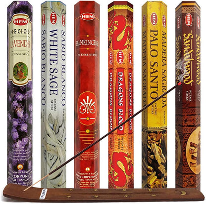 Hem Incense Sticks Variety Pack #23-120 Insence-Sticks (6 Incents x 20 Insense) + Incense Stick Holder with 6 Most Liked Scents Including Patchouli Dragons Blood White Sage Frankincense-Myrrh