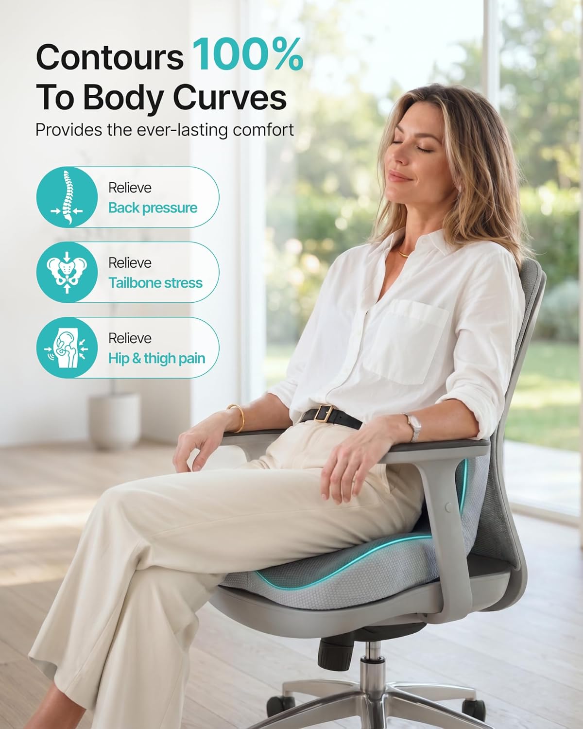 PEGZONE Seat Cushion & Ergonomic Lumbar Support Pillow Memory Foam Cushion for Office Chair, Car, Wheelchair – Orthopedic Pain Relief Cushion for Back, Sciatica, Tailbone, Butt - Gray
