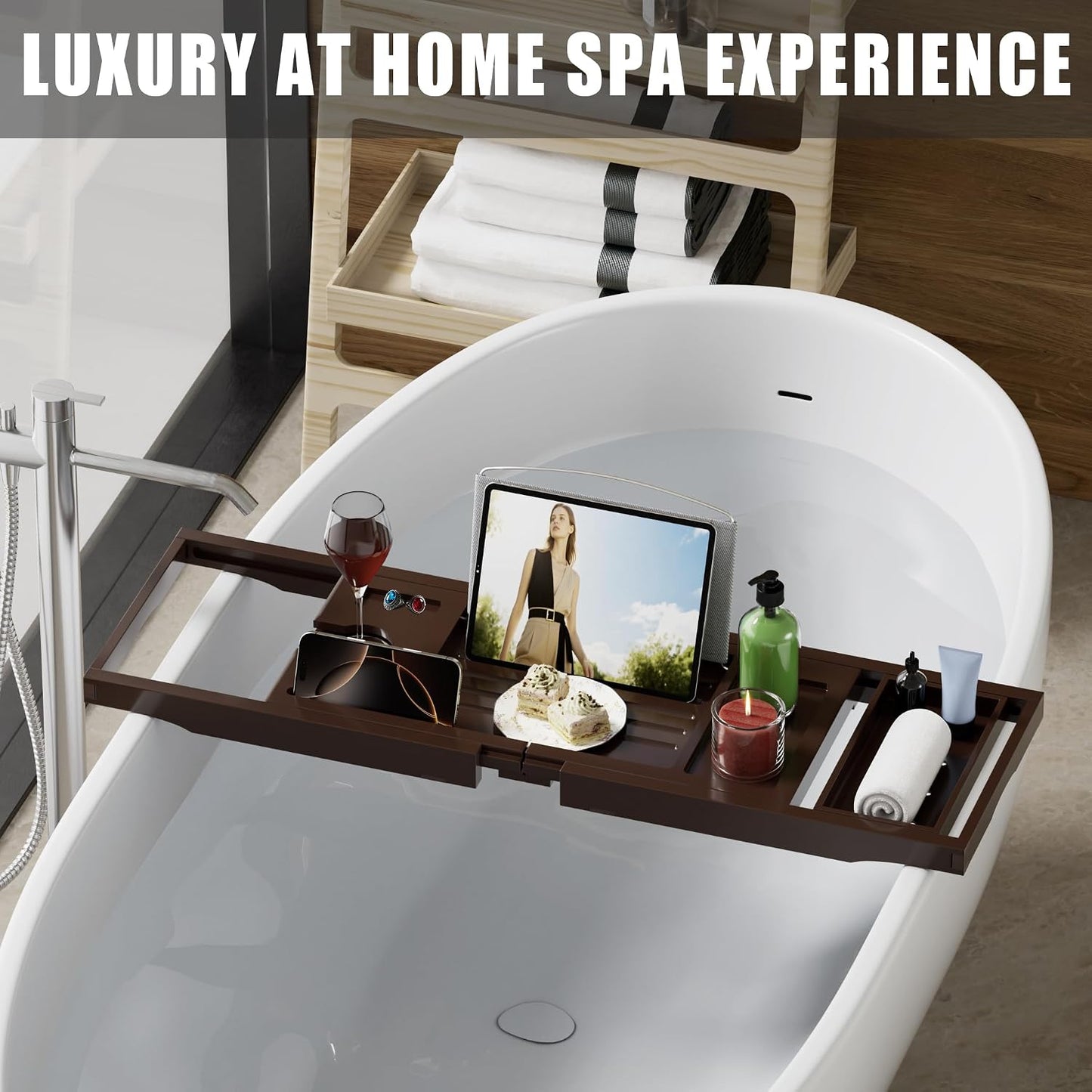 Foldable Bathtub Caddy Tray for Tub,Bamboo Expandable Bath Table Trays,Premium Bathroom Accessories for New Home & Mothers Day & Birthday Gifts for Couples,Natural