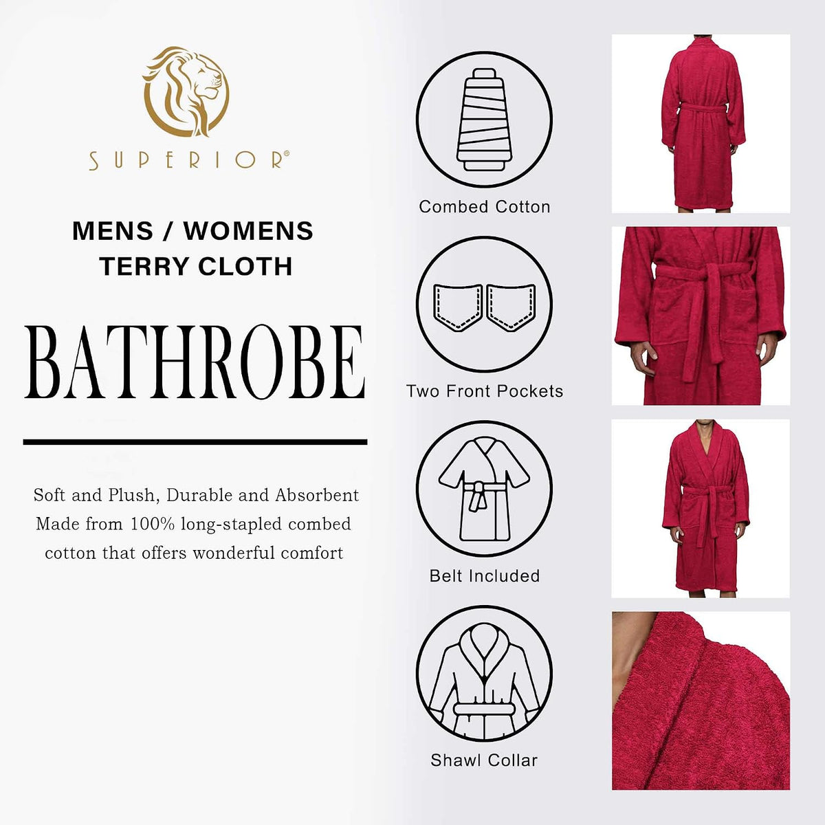 Cotton Unisex Terry Robe, Soft And Absorbent Robes For Men And Women, Bathroom Accessories