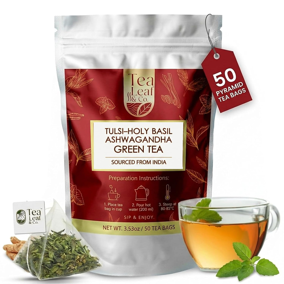 Tulsi Ashwagandha Green Tea 3.5oz, Natural Herbal Infusion, 50 Tea Bags