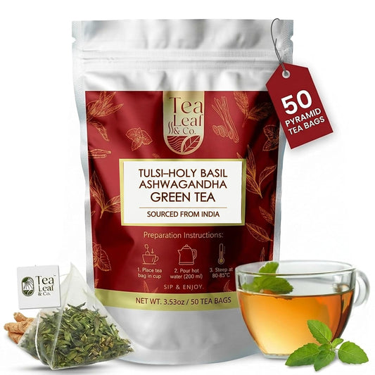 Tulsi Ashwagandha Green Tea 3.5oz, Natural Herbal Infusion, 50 Tea Bags