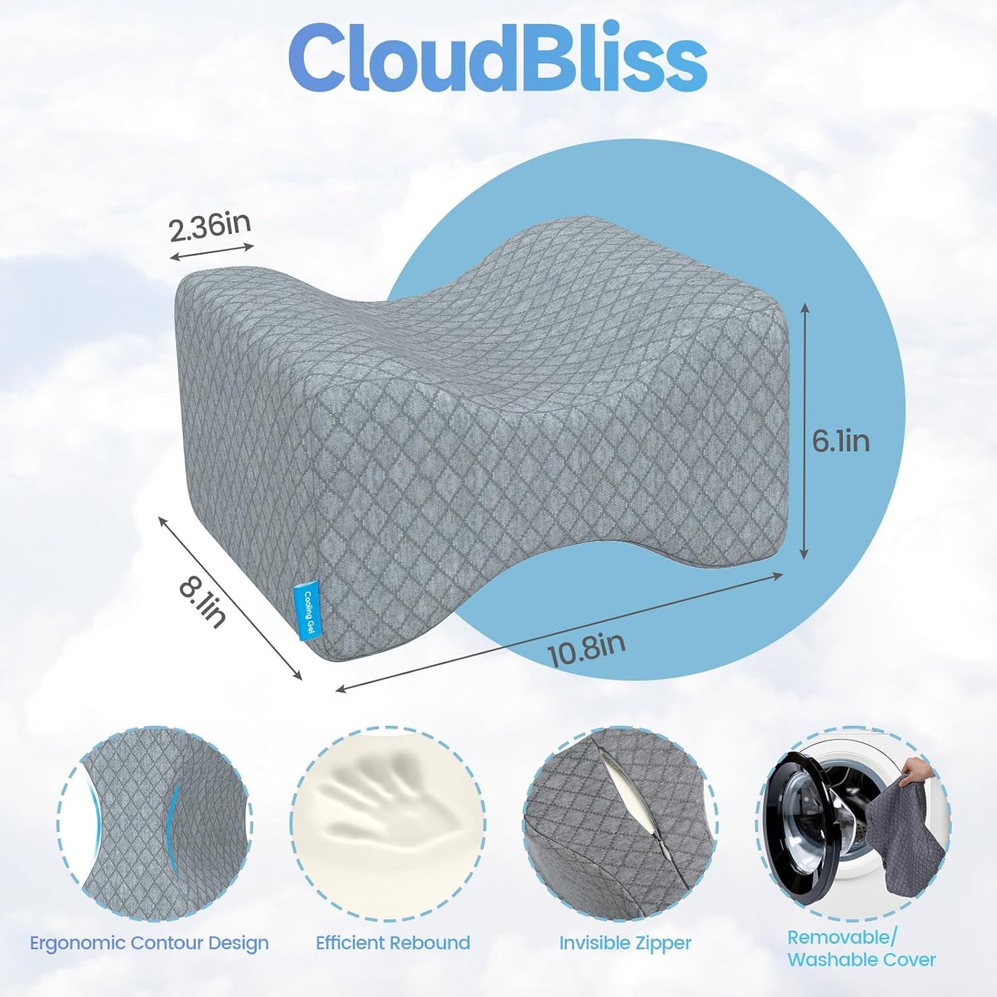 CloudBliss Knee Pillow for Side Sleepers-Cooling Leg Pillow for Side Sleeping, Memory Foam Knee Pillow for Hip Pain, Lower Back Pain, Sciatica Pain, Knee Wedge Pillow with Contour Design, White