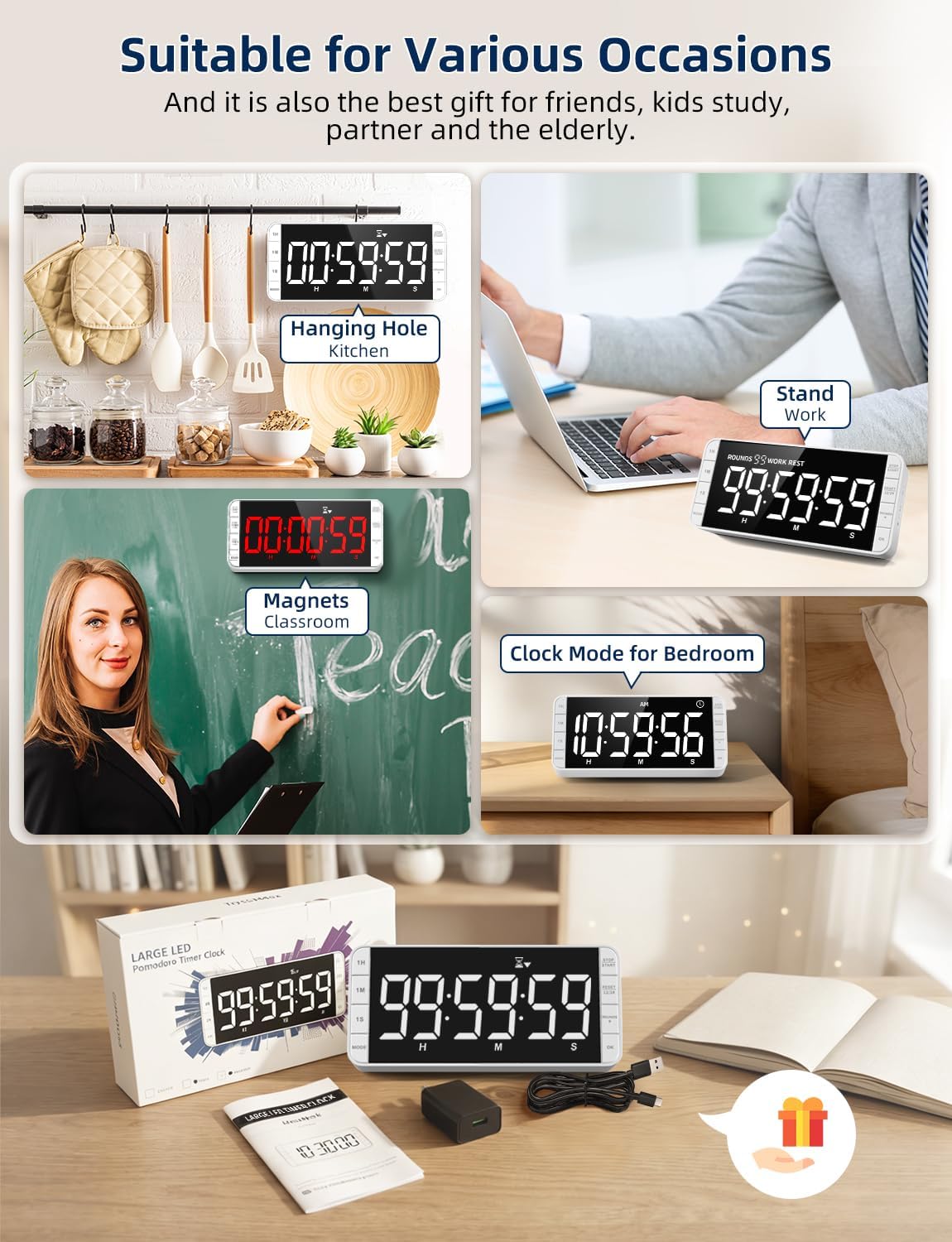 Large 7.8" Digital Timer with LED Display, Magnetic for Kitchen & Classroom