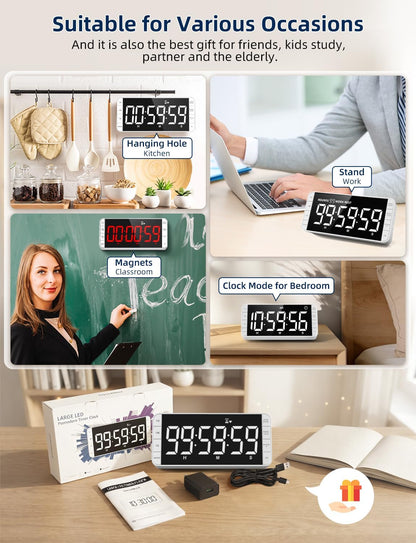 Large 7.8" Digital Timer with LED Display, Magnetic for Kitchen & Classroom