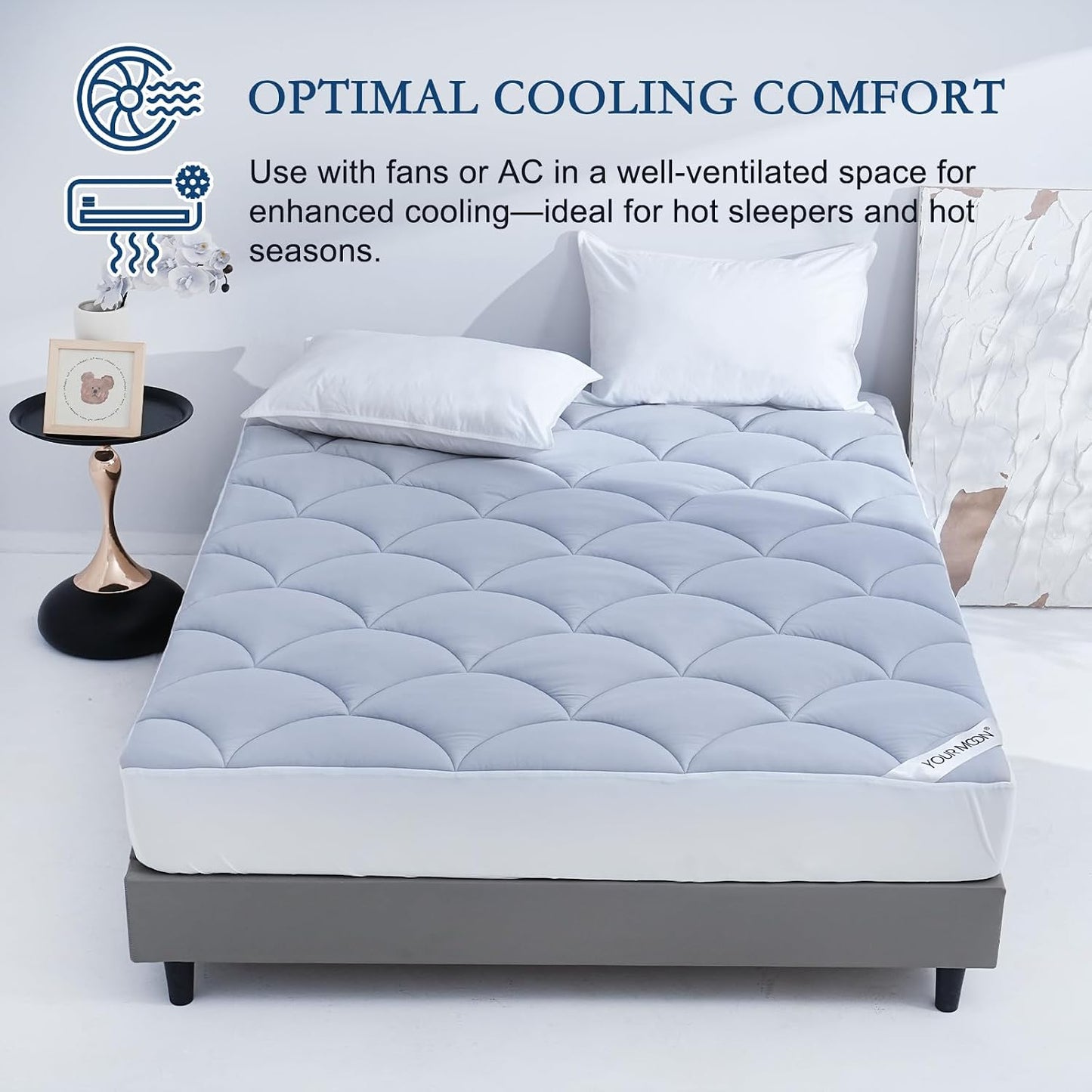 YOUR MOON Queen Size Cooling Mattress Pad, Cool Mattress Topper for Hot Sleepers, Soft Breathable Noiseless Pillow Top Cover, Quilted Fitted Bed Pad for 8''-16'' Deep Pocket, 500GSM (Gray)