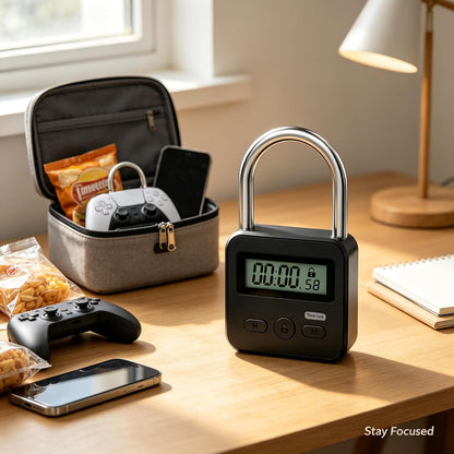 Metal Timer Lock - Electronic Time Padlock with LCD Display - USB Rechargeable (Black)