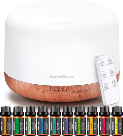 InnoGear Aromatherapy Diffuser & 10 Essential Oils Set, 500ml Essential Oil Diffuser with Remote Control Mother's Gift Ultrasonic Cool Mist Scent Humidifier Vaporizer Auto-Off Timer for Home, Yellow