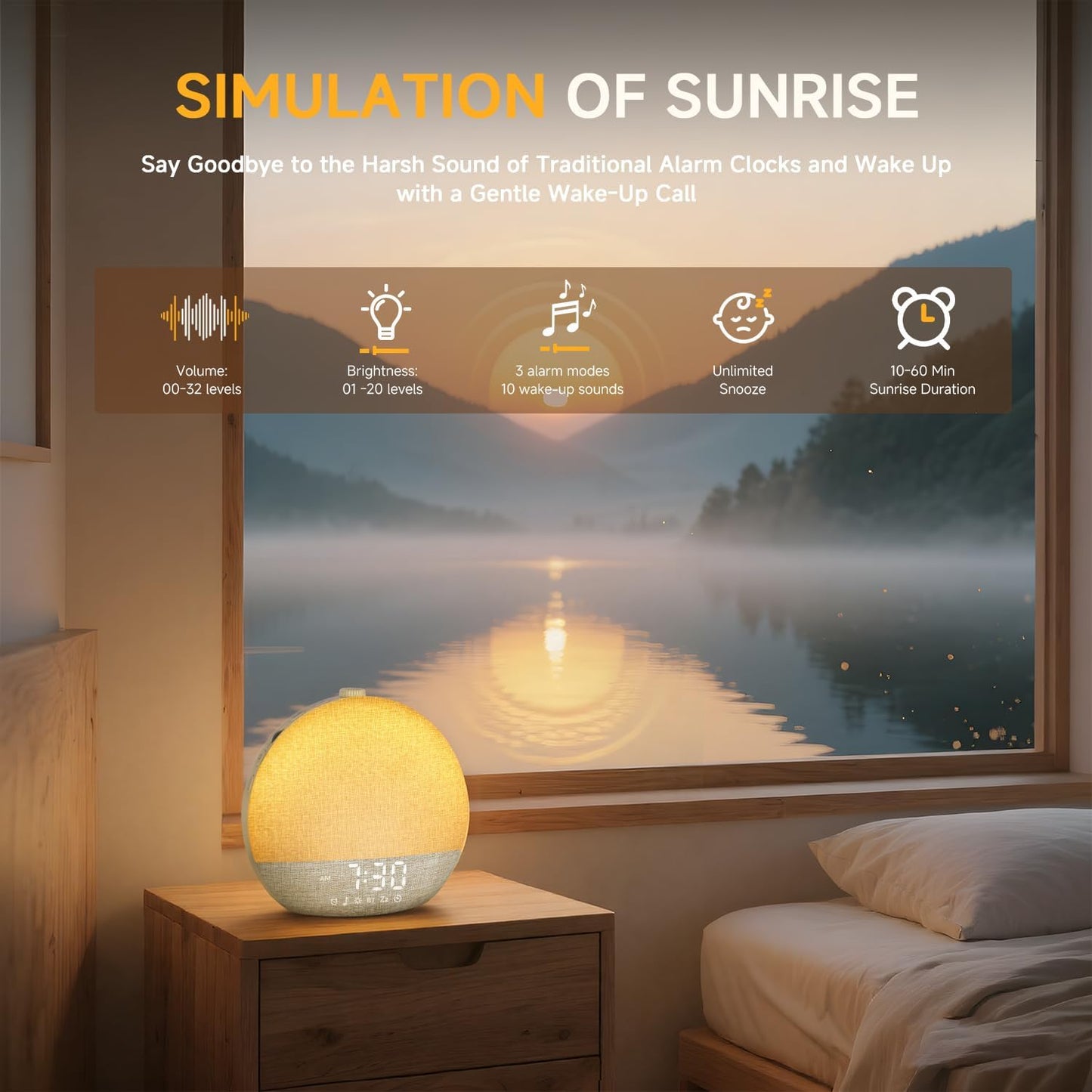 Geuuap Sunrise Alarm Clock White Noise Machine with Bluetooth Speaker,Khaki