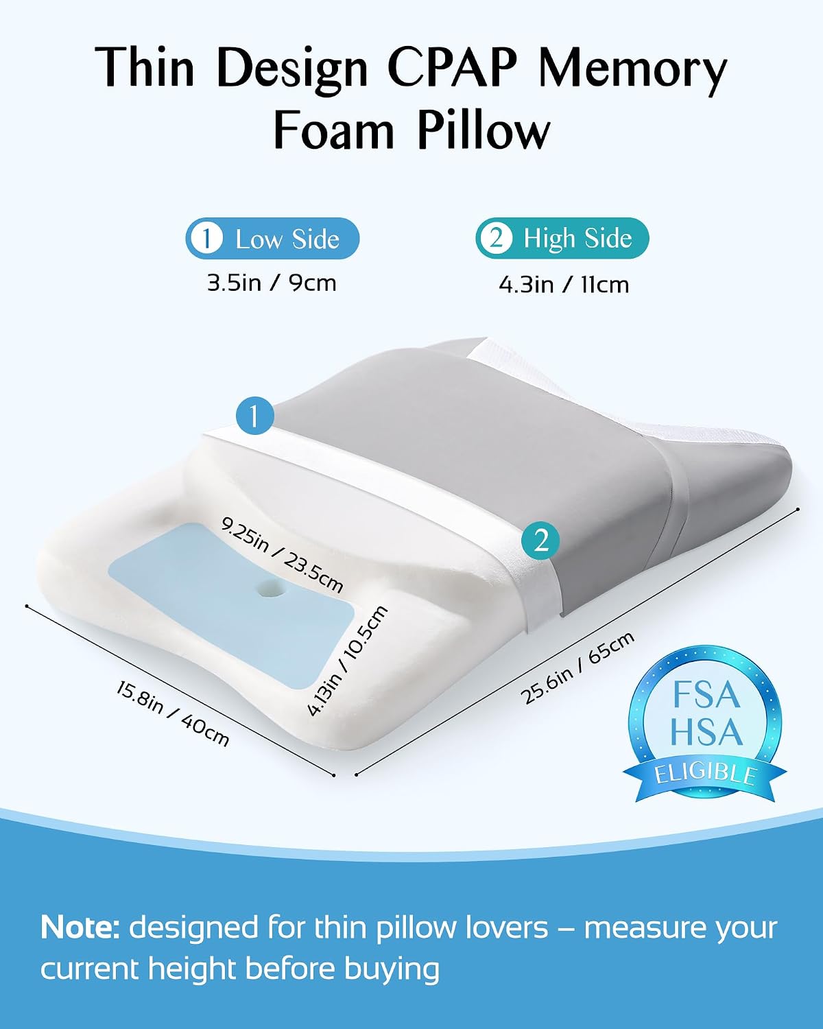 CPAP Pillow for Sleeping, HSA/FSA Sleep Apnea Pillow for All CPAP Masks Users to Reduce Air Leaks, Masks Pressure, Memory Foam with Cooling & Breathable Pillowcase for Side Back Sleeper