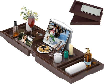 Artmalle Luxury Bathtub Caddy Tray for Tub - Foldable Bamboo Bath Table Tray with Book and Wine Glass Holder, Expandable Bathroom Accessories for Spa or Reading Lite Style