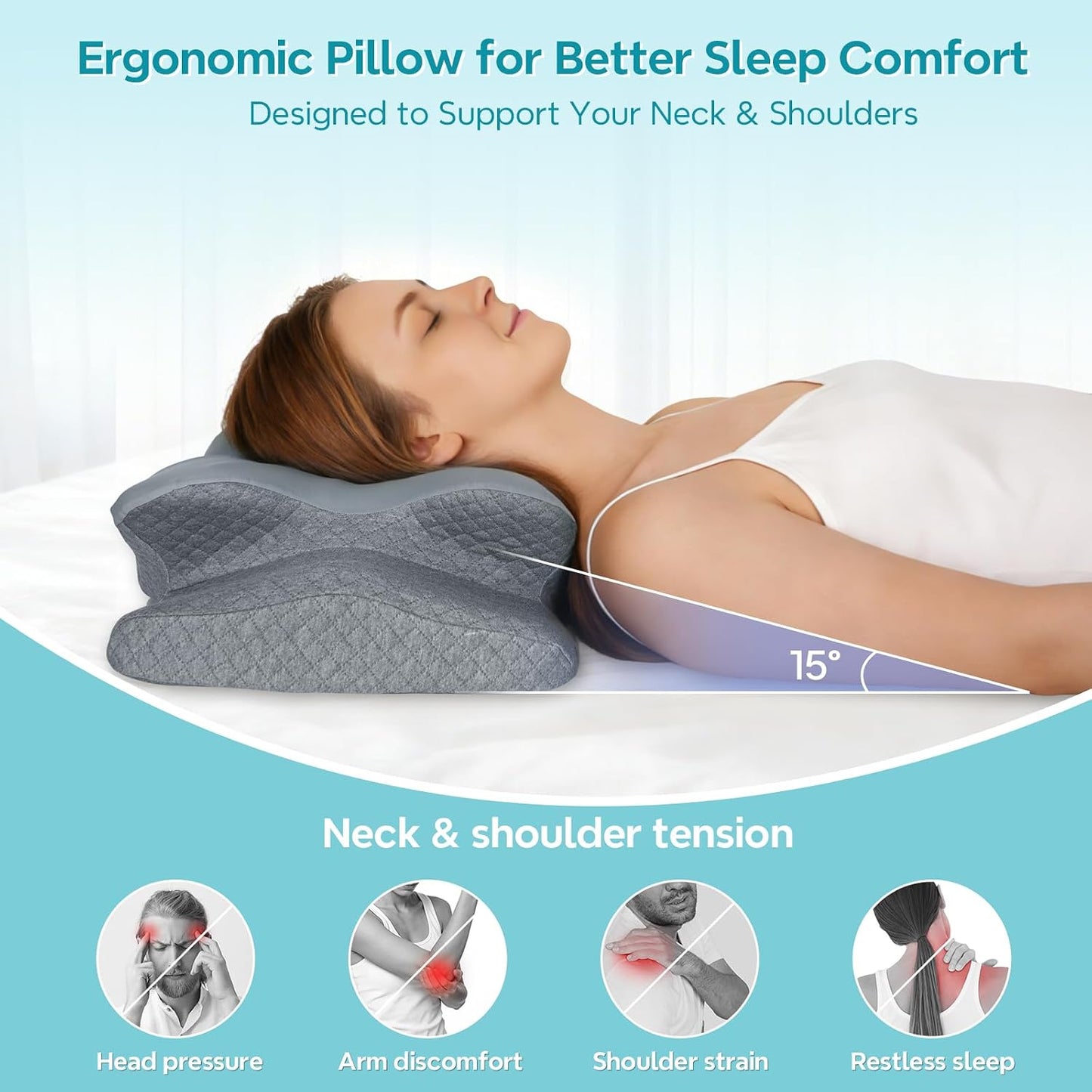 Cervical Pillow for Neck Pain Relief, Ergonomic Pillow for Side Sleeper, Memory Foam Neck Support for Back Stomach Sleepers, Cooling Breathable Orthopedic Contour Pillows for Sleep Apnea Snore, White
