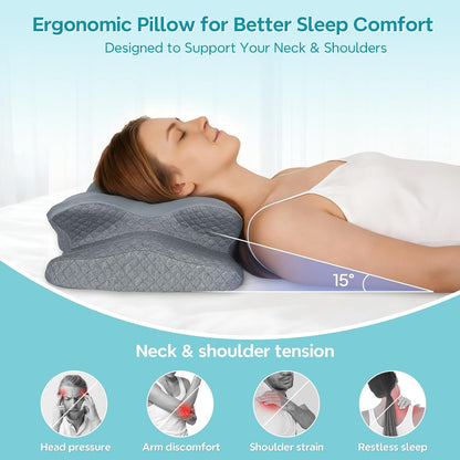 Cervical Pillow for Neck Pain Relief, Ergonomic Pillow for Side Sleeper, Memory Foam Neck Support for Back Stomach Sleepers, Cooling Breathable Orthopedic Contour Pillows for Sleep Apnea Snore, White