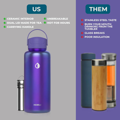 22 oz Ceramic Lined Tea Infuser Travel Tumbler, Micro-Mesh Stainless Steel Infuser, Pure Taste Ceramic Interior, Triple Insulated 12hr Hot Cold, Dual Sip & Straw Lid, Scratch-Resistant