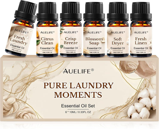 Auelife Laundry Essential Oils Set for Dryer Balls, 6x10ml Diffuser Oil | Home Fragrance for Laundry Room, Candle & Soap Making with Fresh Linen, Blossom Soap, Crisp Breeze, Soft Dryer, Citrus