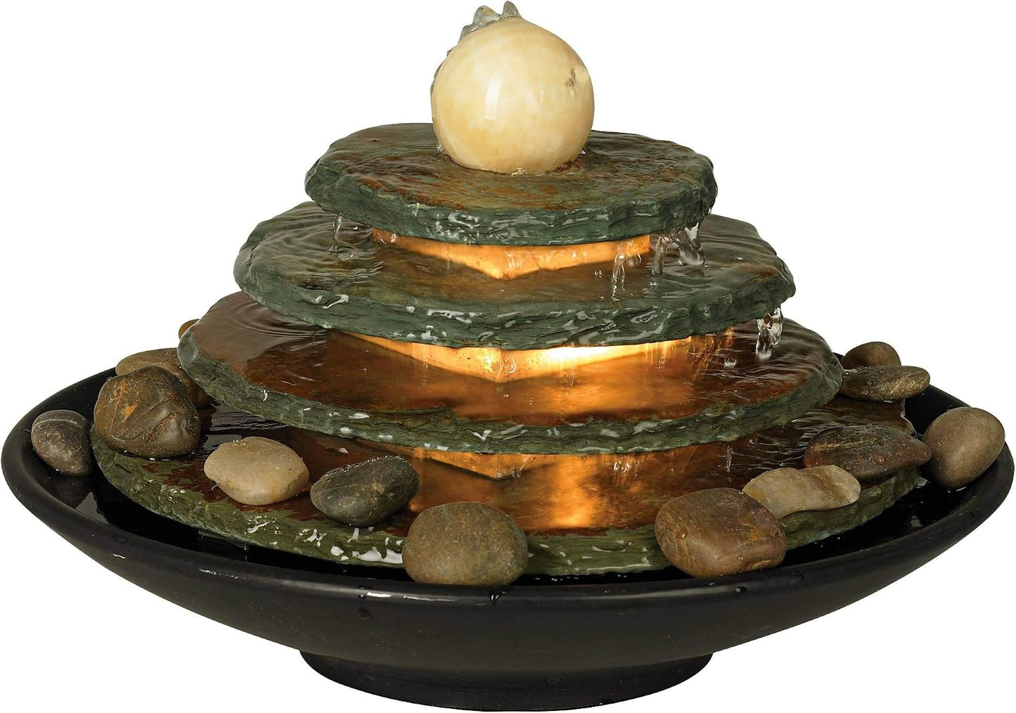 Pyramid 10" High Small Zen Modern Indoor Decor Slate Stone Tabletop Fountain with Light Waterfall Feng Shui Ball Rock Water Feature for Desk Relaxation Bedroom Living Room Countertop - John Timberland
