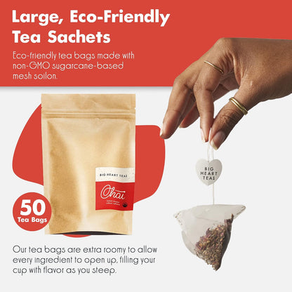 Big Heart Tea Co. Tea Bags - Fiery Masala Chai - Certified Organic, Ayurvedic Herbal Decaf Tea with Small Batch Ground Sweet Herbs and Spices including Adaptogenic Tulsi, Rooibos, Ginger, 50 Pack