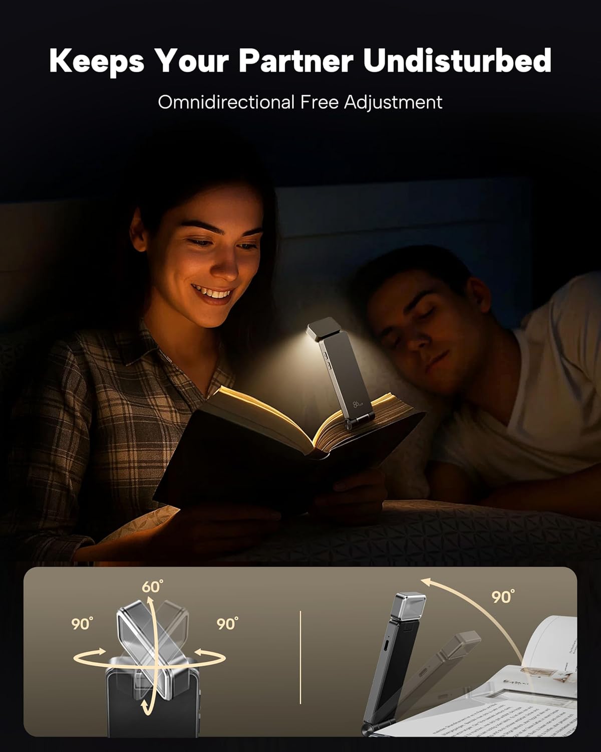 86lux Book Light, Rechargeable Clip-On LED Reading Light for Bed & Night Use - 3 Color Temperatures with Stepless Dimming, Ultralight Bookmark Design for Book Lovers, Grey