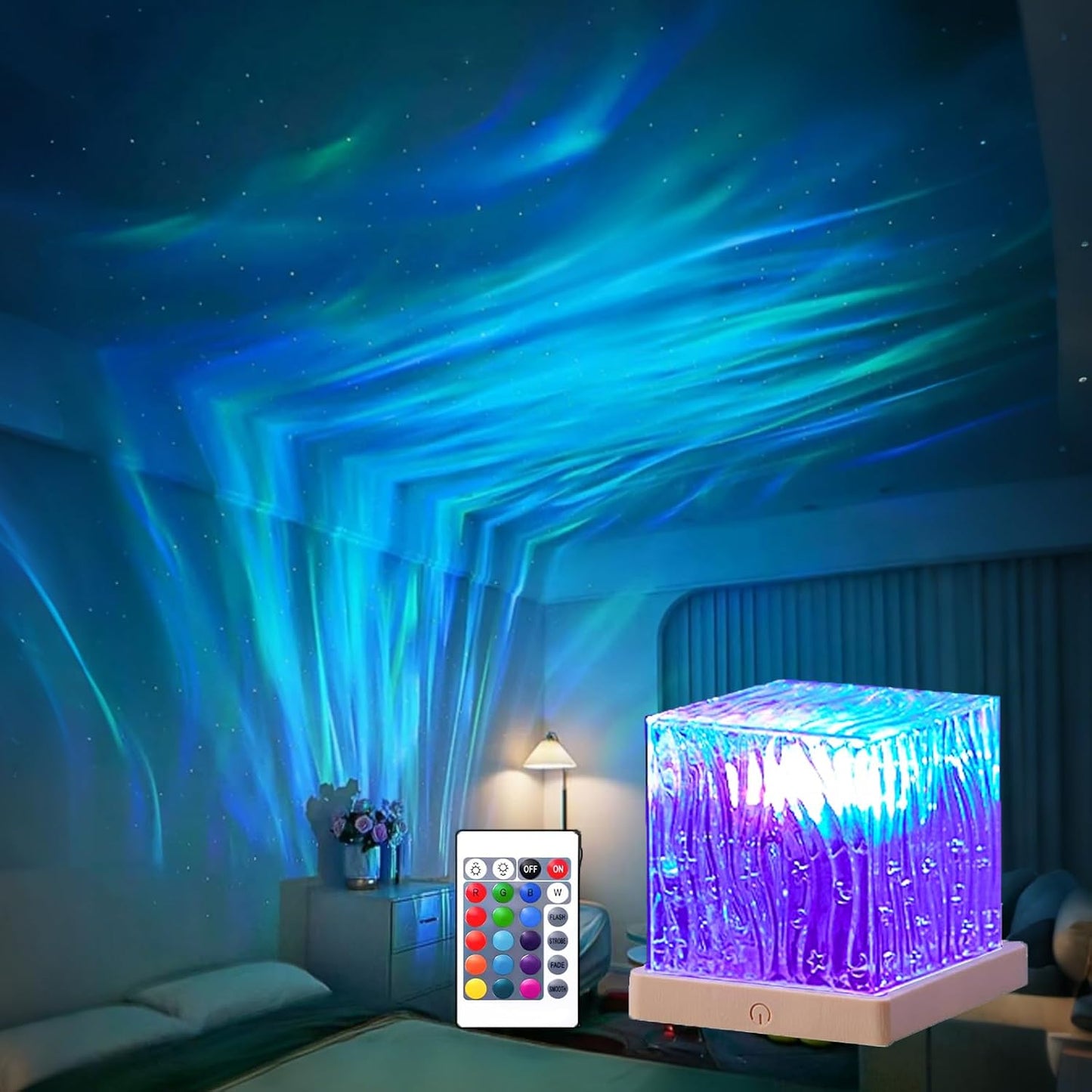 Ocean Wave Projector Light, 16-Color LED Shower Lamp with Remote, 3D Water Ripple Projection, Romantic Ambient Lighting for Kids Room, Relaxation, Bedroom, Bathroom & Night Light