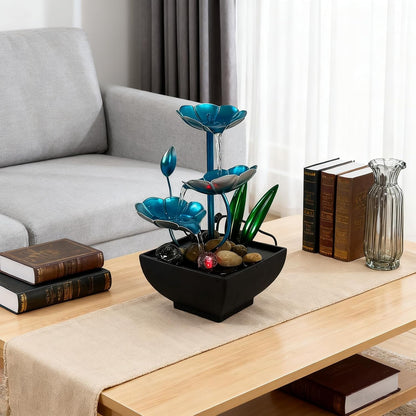 AOZITA Tabletop Fountain, Indoor Waterfall Fountain, Small Home Décor Zen Relaxation Soothing Sound Machine for Office, Living Room, or Bedroom,Blue Metal Lotus with Bud, River Rocks,Round LED