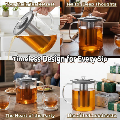 Aquach 68oz Glass Tea Pot with Infuser, Stovetop Safe Borosilicate Teapot | Dishwasher Safe, Plastic-free, Large Family Capacity, Easy-clean Opening, Loose Leaf Filter