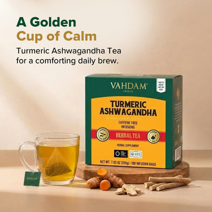 VAHDAM Turmeric Ashwagandha Tea(100 Pyramid Teabag)Caffeine Free Herbal Tea