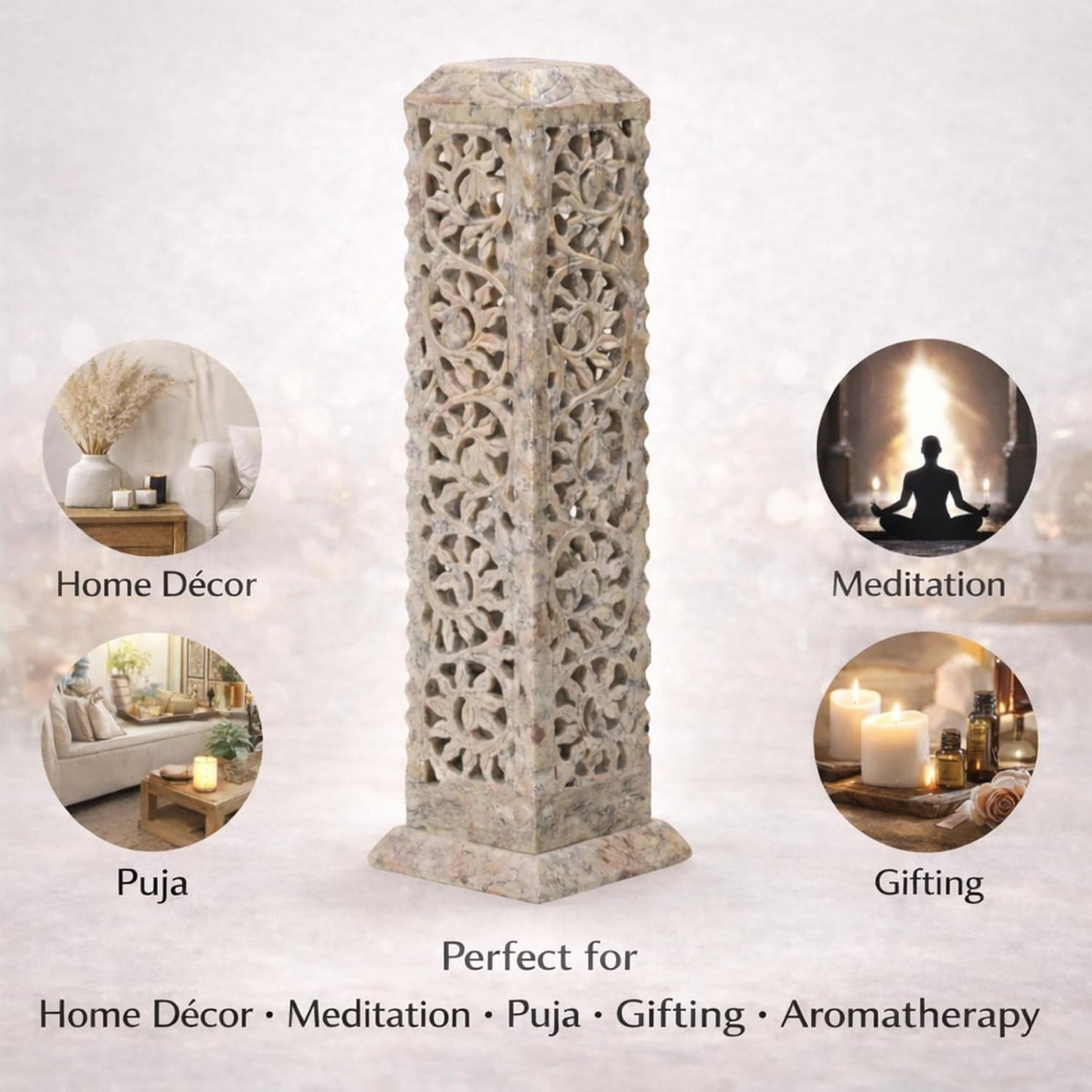 Carry Me Handmade Marble Soapstone Incense Stick Burner | Candle Stick Holder, Tea Light Stand, 3 x 3 x 11 Inches, Decorative Home and Kitchen Decor, Perfect for Gifting