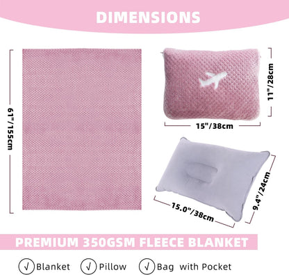 3 in 1 Travel Blanket Pillow Set - 350 GSM Thick Travel Blanket Airplane Compact with Bag, Soft Bag with a Pocket, Inflatable Travel Pillow for Camping & Car Trip(Mint Green)