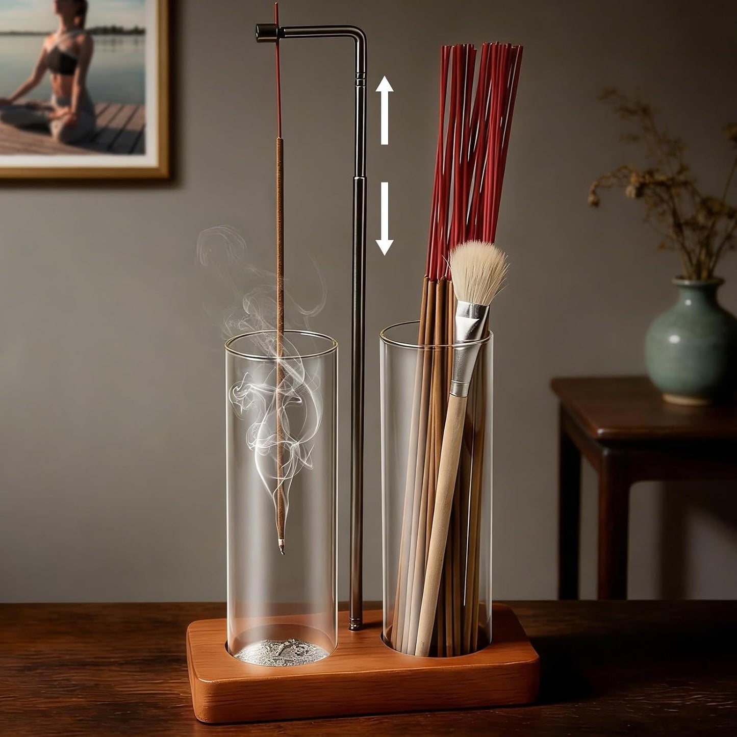 Incense Holder for Sticks, 2 in 1 Incense Sticks Burner with Glass Ash Catcher & Storage, Upside Down Incense Holder with Brush, Anti-Ash for Yoga Meditation Spa Outdoor Patio(Extends 8.7"-13.4")