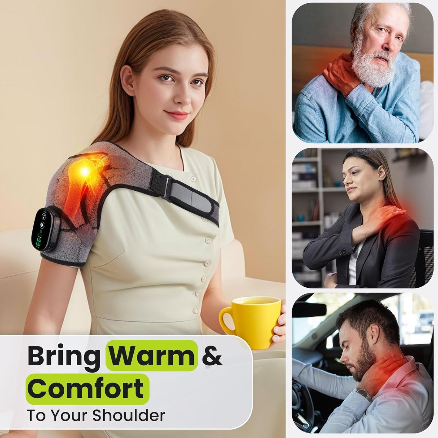 Cordless Shoulder Heating Pad with Vibration for Rotator Cuff Pain Relief, Arm Heated Massage Pad, Shoulder Support Brace with 3 Heating Levels & Vibration, Left or Right