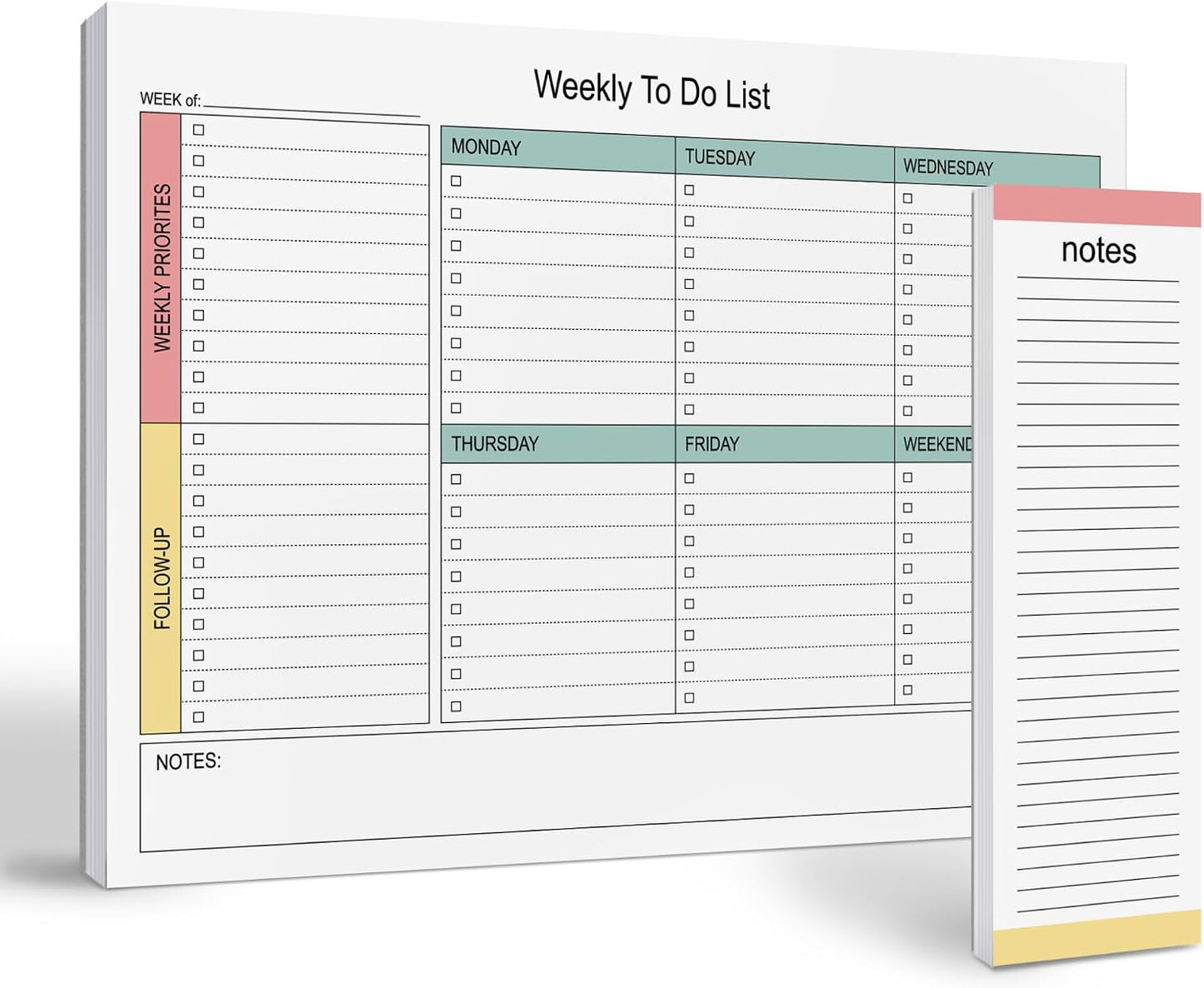 Large Weekly Planning Pad and Matching Notepad, 52 Letter Size Tear-Off Sheets, 8.5” x 11” Undated Weekly Desk Planner Pad, Daily Schedule, Daily To Do List, Notes, Goals For Work and Home
