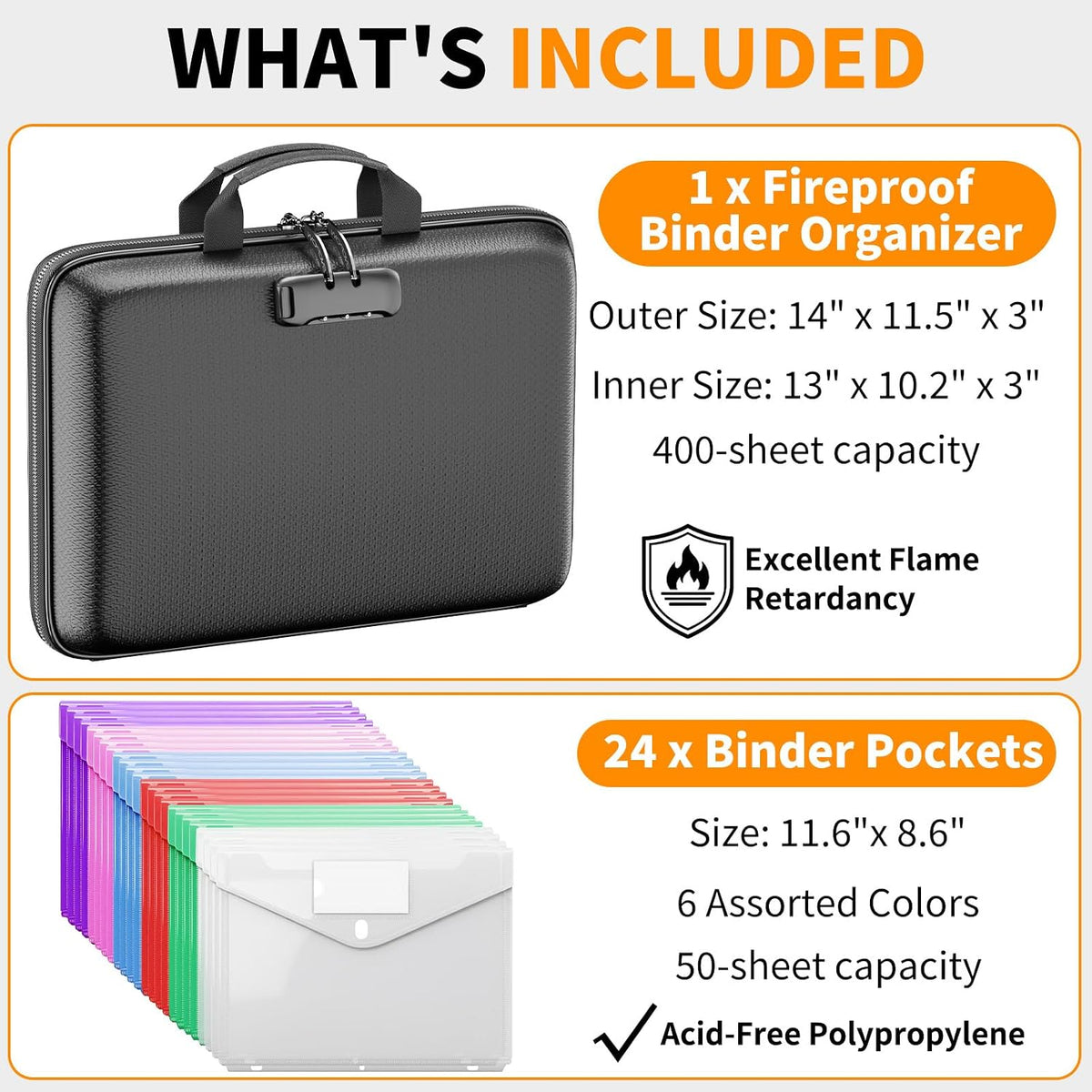 ENGPOW Fireproof Document Organizer Box with Lock & 24 Pack Binder Pockets