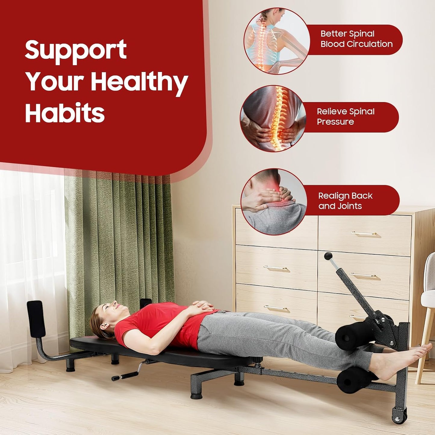 Inline Back Stretch Bench, 330.7lbs Load Full Body Stretching Device Adjustable Lumbar Decompression Table for Lower Back Pain Relief