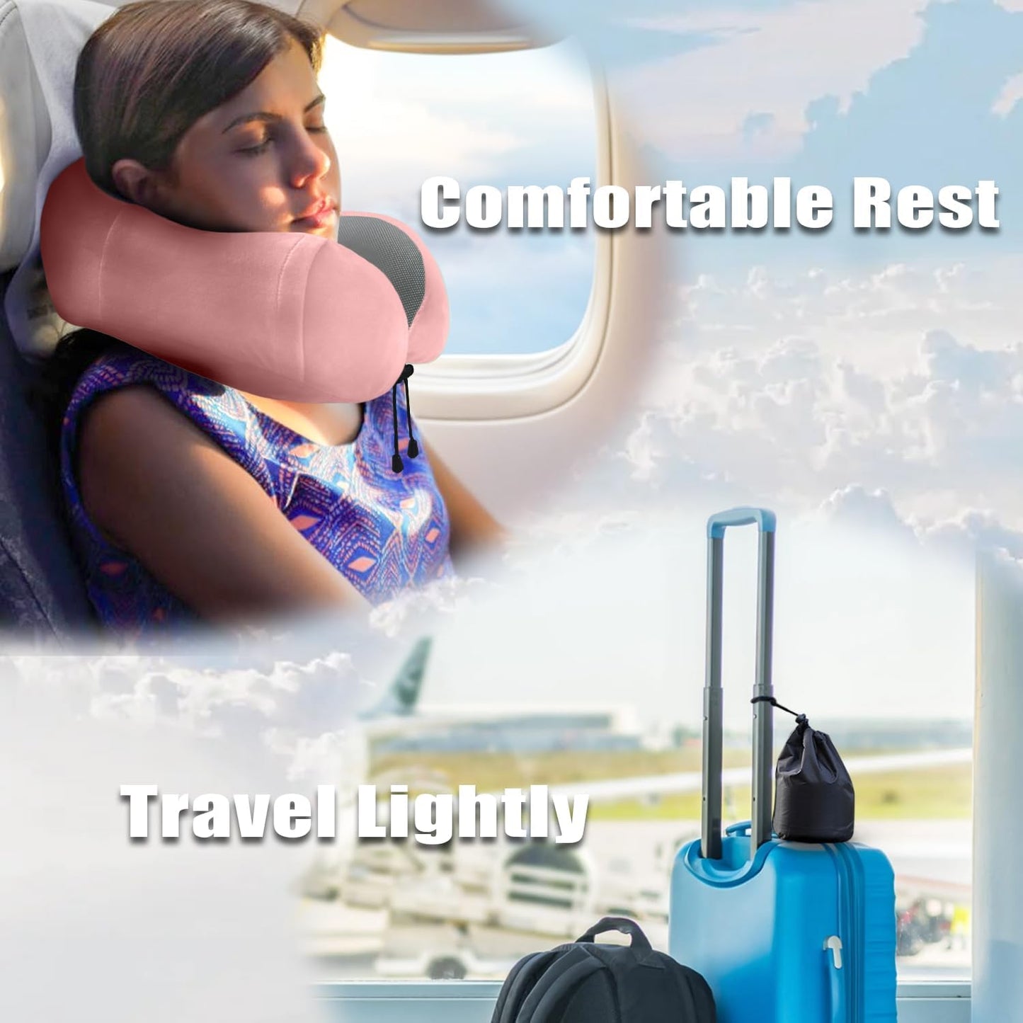 Travel Pillow, Memory Foam Neck Pillow for Traveling, U Shape Neck Pillow Airplane Portable Flight Pillow Travel Kit with 5D Contoured Eye Masks and Earplug for Plane Train Car Home Office