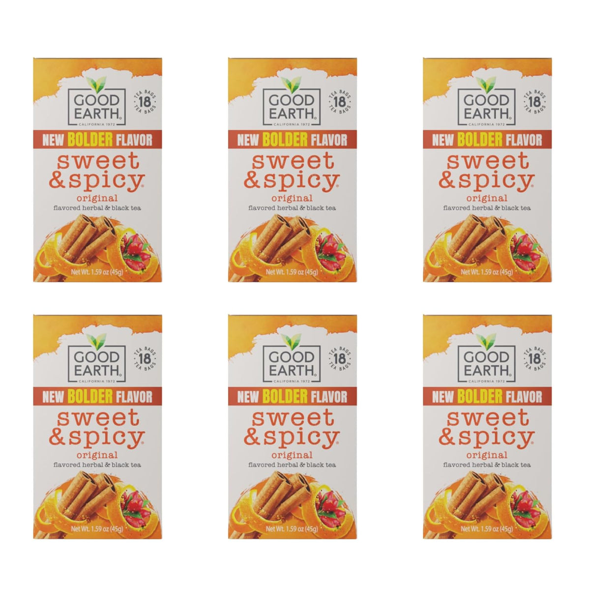 Good Earth Herbal & Black Tea, Sweet & Spicy, 18 Count Tea Bags (Pack of 6) (Packaging May Vary)