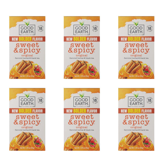 Good Earth Herbal & Black Tea, Sweet & Spicy, 18 Count Tea Bags (Pack of 6) (Packaging May Vary)