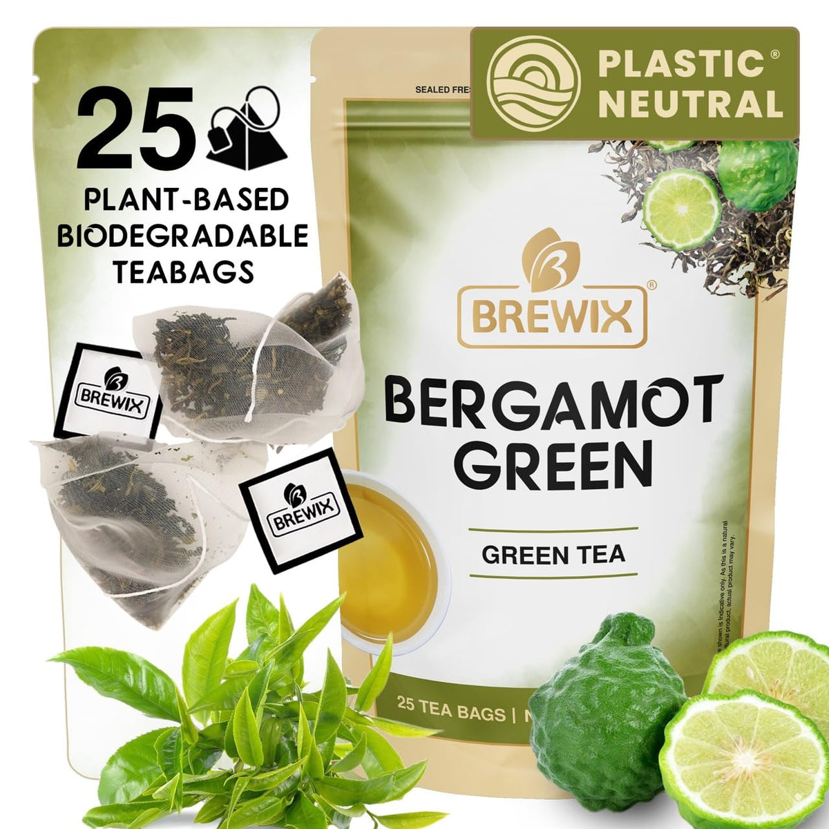 BREWIX, Earl Grey Green Tea (25 Whole Leaf Pyramid Tea Bags) | Bergamot Green Tea, Bright and Citrusy | Caffeinated, Sugar Free Tea Loose Leaf Earl Grey Green Tea With Pure Bergamot | High Elevation Grown | Hot or Iced