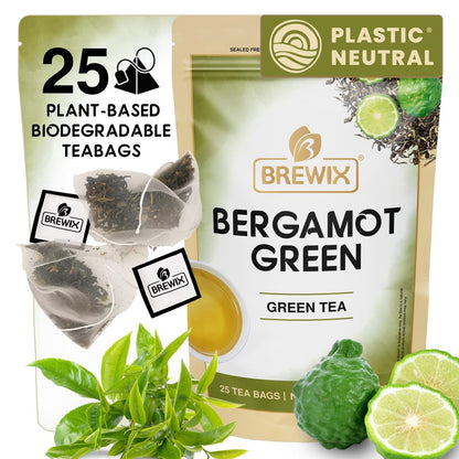 BREWIX, Earl Grey Green Tea (25 Whole Leaf Pyramid Tea Bags) | Bergamot Green Tea, Bright and Citrusy | Caffeinated, Sugar Free Tea Loose Leaf Earl Grey Green Tea With Pure Bergamot | High Elevation Grown | Hot or Iced
