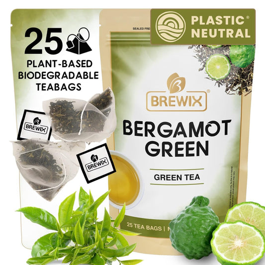 BREWIX, Earl Grey Green Tea (25 Whole Leaf Pyramid Tea Bags) | Bergamot Green Tea, Bright and Citrusy | Caffeinated, Sugar Free Tea Loose Leaf Earl Grey Green Tea With Pure Bergamot | High Elevation Grown | Hot or Iced
