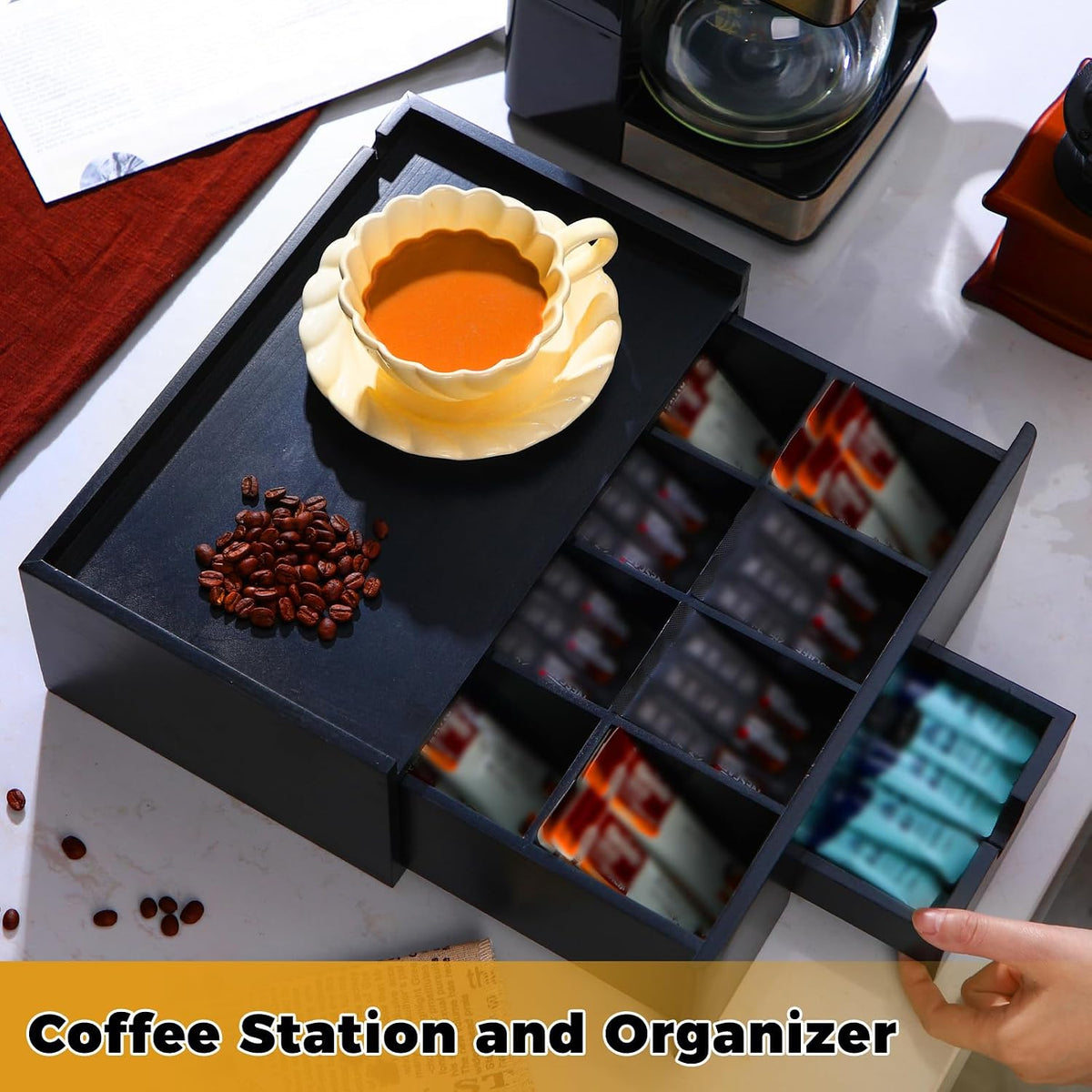 Cinnvoice Tea Bag Organizer Wooden Tea Storage Box, Black