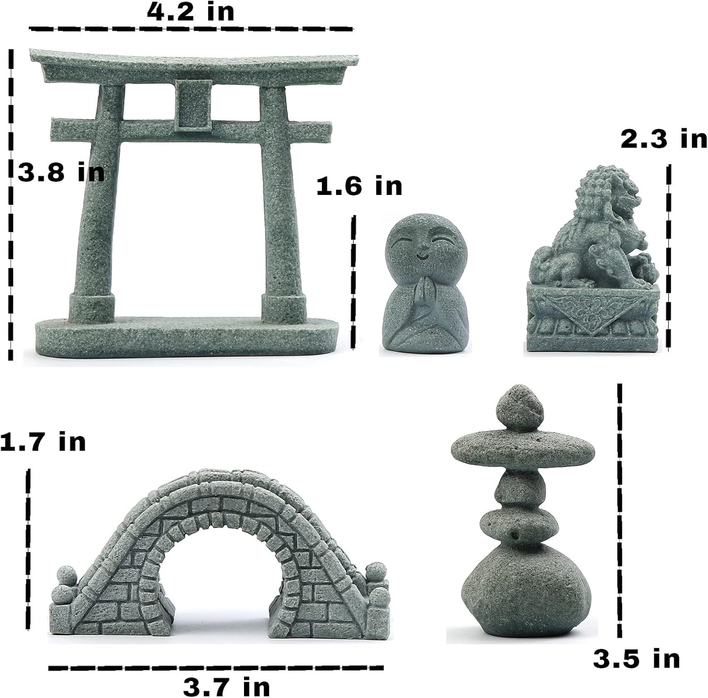 6 PCS Mini Zen Garden Accessories, Miniature Garden Bridge Foo Dogs Torii Gate Sandstone Figurines Meditation Zen Decor Japanese Fish Tank Terrarium Bonsai Decorations (Art Deco)