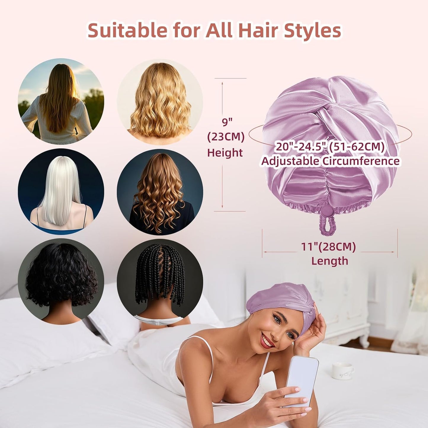 Adjustable Silk Satin Hair Bonnet for Sleeping Women, Double Layer, Silk Hair Wrap for Sleeping Women Men, Curly Natural Braid Straight Unisex - Pink