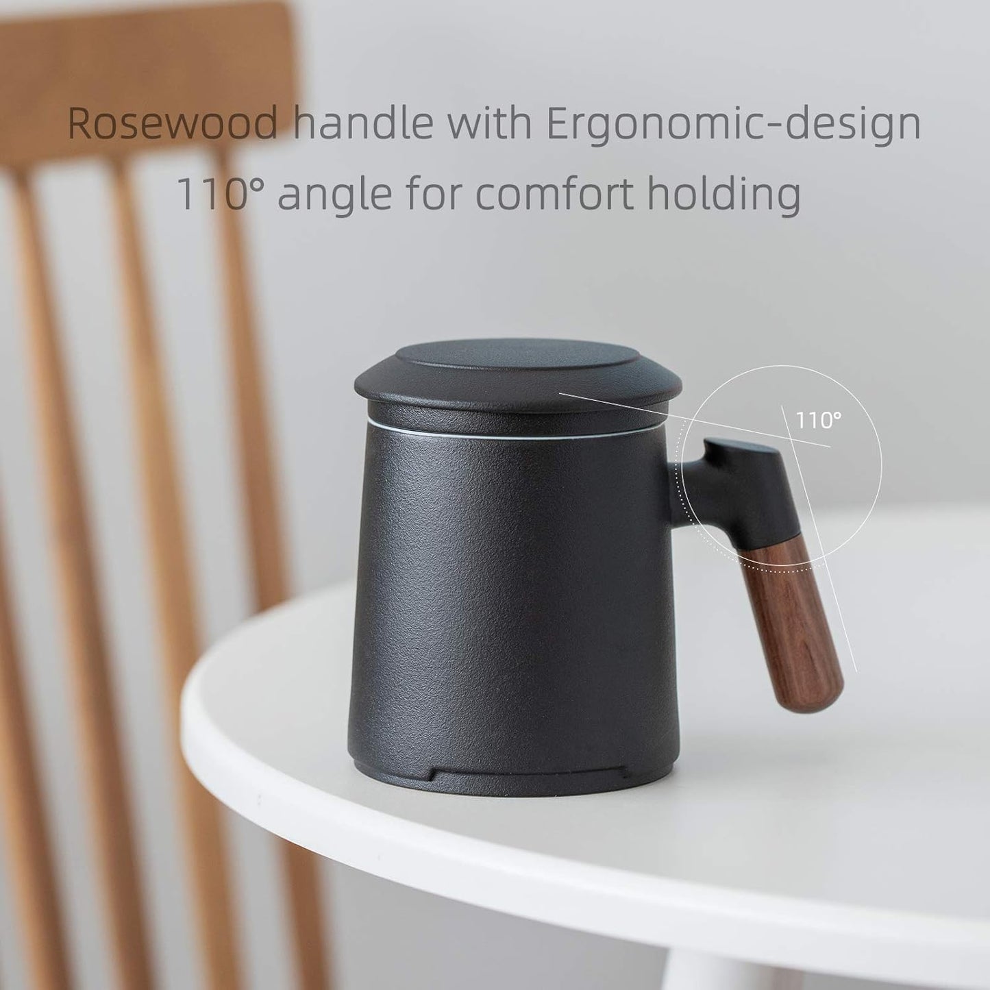 ZENS Embossed Ceramic Tea Mug with Infuser and Lid, 14.5 oz Wooden Handle, Loose Leaf Tea Steeper Cup & Strainer for Tea Lovers Gifts