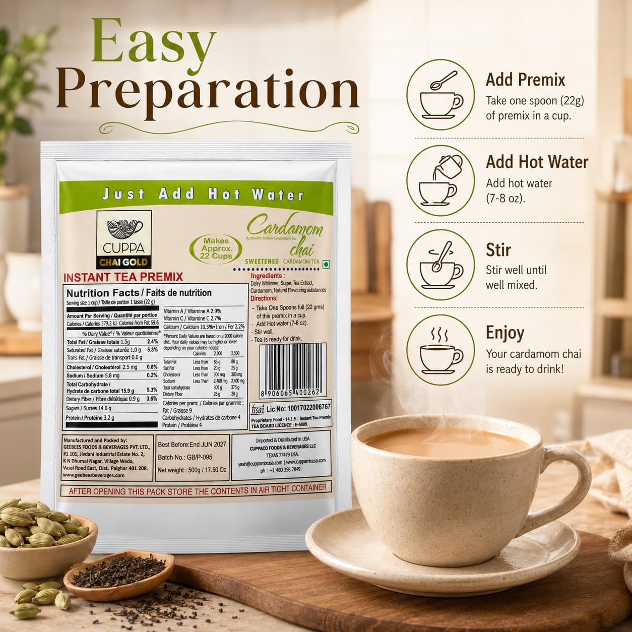 Chai Gold Instant Chai Tea Premix Powder - Sweetened Milk Tea Latte Mix for Home and Beverage Dispensers - [500g / 1.1 lb Bulk Bag] (Kadak)