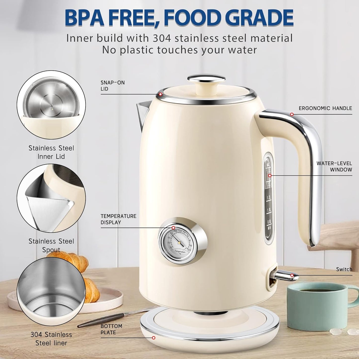 Pukomc Electric Kettle,1.7L Stainless Steel Electric tea kettle with Temperature Gauge, Fast Boiling, Auto Shut - off, BPA - Free, Boil - Dry Protection, (Retro Green)