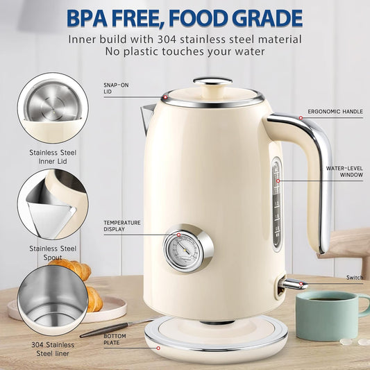 Pukomc Electric Kettle,1.7L Stainless Steel Electric tea kettle with Temperature Gauge, Fast Boiling, Auto Shut - off, BPA - Free, Boil - Dry Protection, (Retro Green)